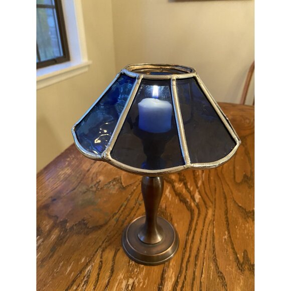 Handmade Stained Glass Blue Tealight Candle Lamp With Brass Base - Picture 5 of 7